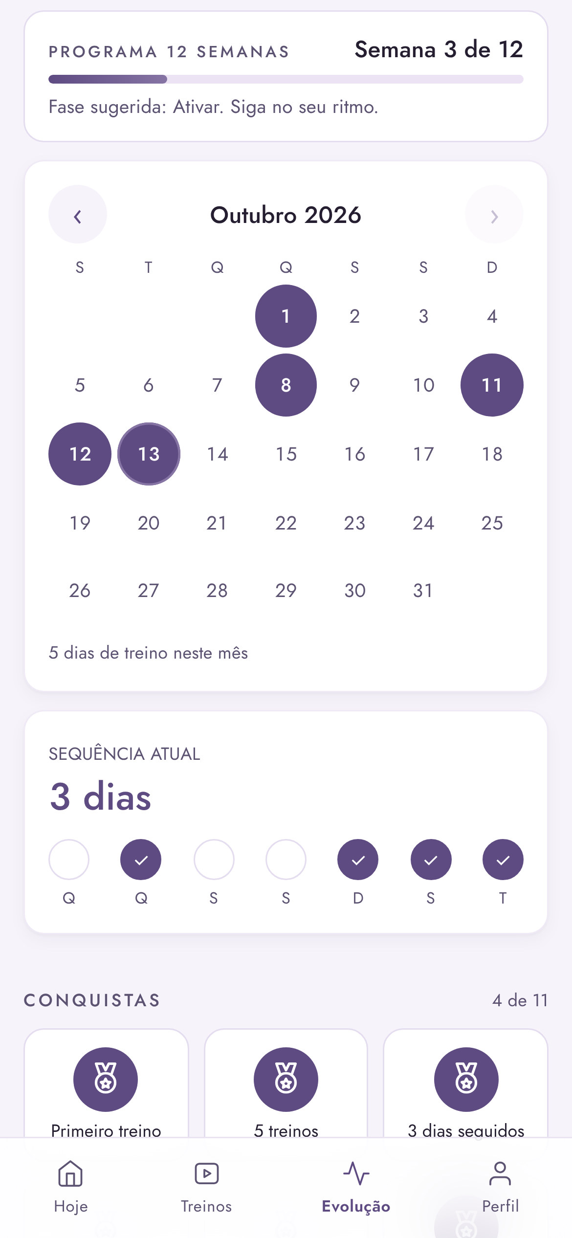 Tela de evolução com calendário e sequência de dias