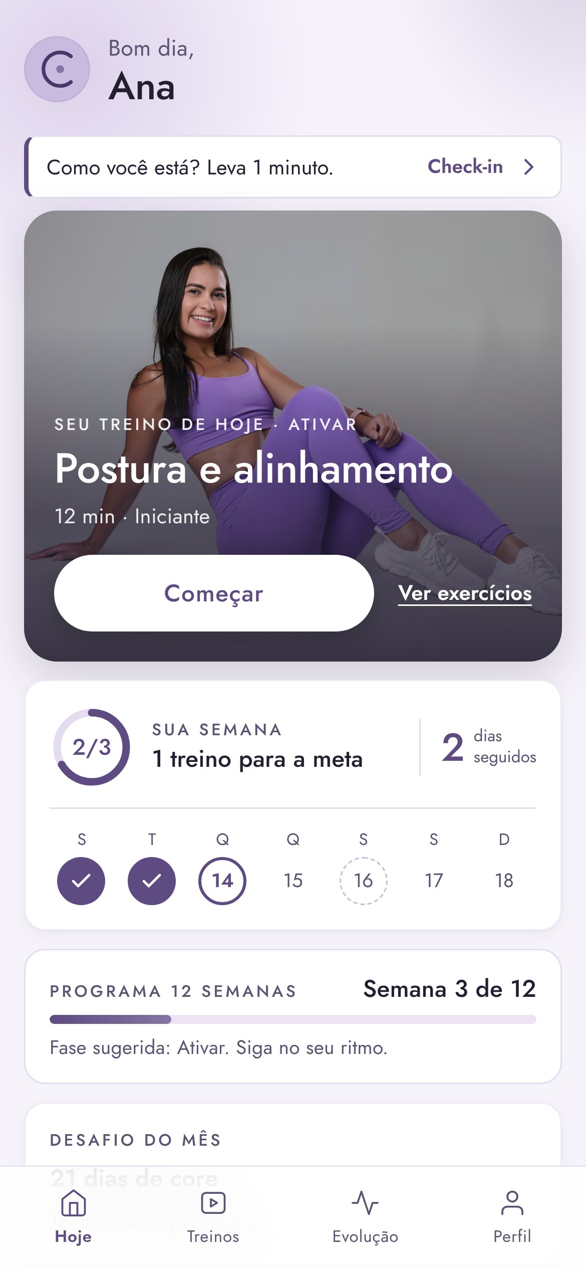 Tela inicial do app com o treino do dia, a semana e os programas