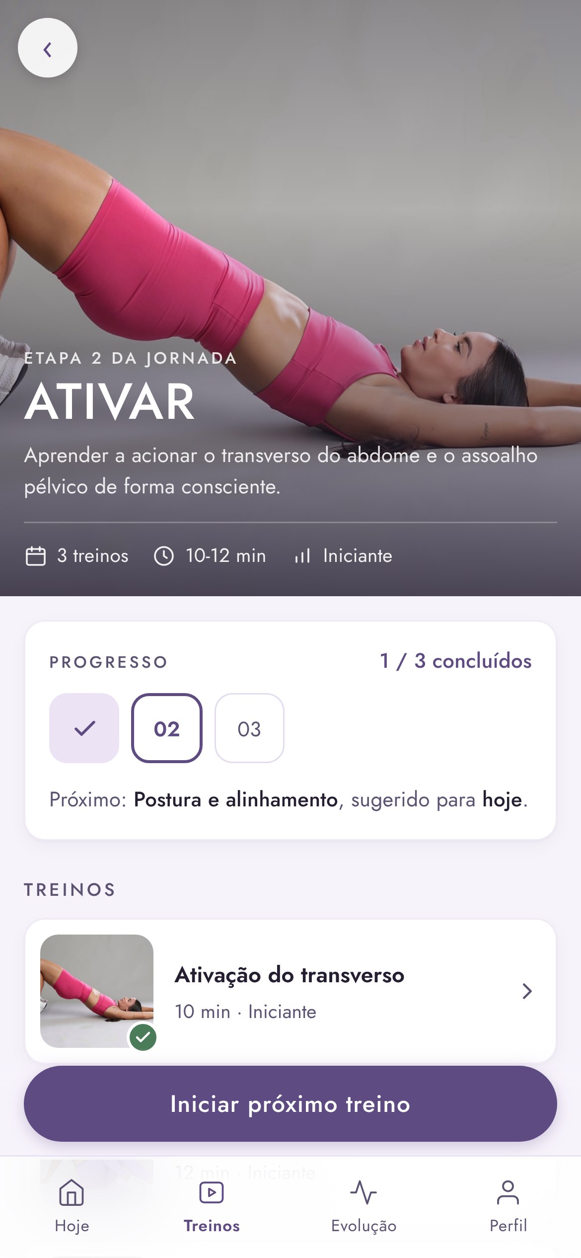 Página de um programa com progresso e próximo treino